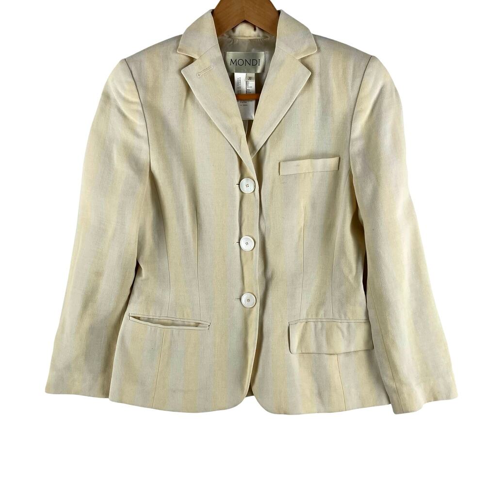 VTG Mondi Womens Blazer 36 (US 6) Ivory & Pale Yellow Striped Linen/Wool Blend